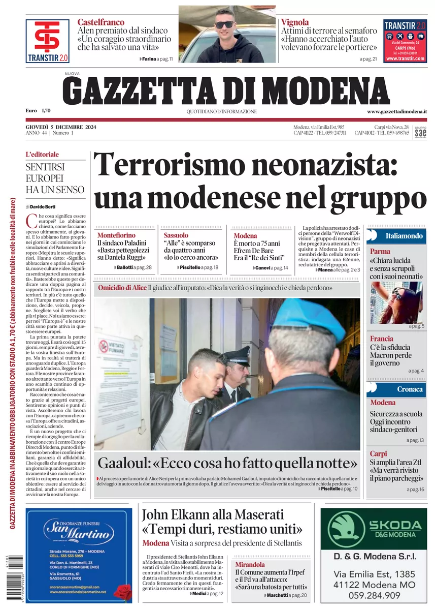 Prima-pagina-gazzetta di modena-oggi-edizione-del-2024-12-05